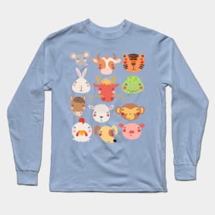 12 Chinese Zodiac Animals Cute Kawaii Colorful Long Sleeve T-Shirt